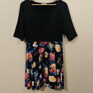 Meaneor Floral Fit & Flare Dress Color Block Elbow‎ Sleeves Boho Cottage Size XL